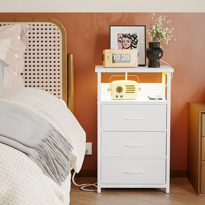 Fixwal White Nightstand with Charging Station, LED Night Stand with 3 Fabric Drawers and Open Shelf, Bedside End Table in Bedroom - Image 8