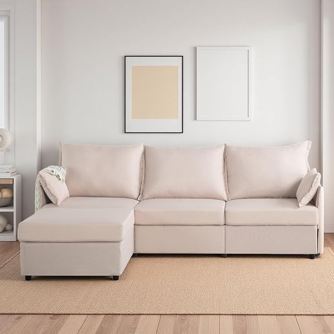 93.7” Sectional Sofa with Movable Ottoman, 3 Seaters L Shaped Couch Modular Sofa Bed with 2 Armrest Pillows, Small Sectional Couch for Living Room Bedroom Small Space Furniture, Beige
