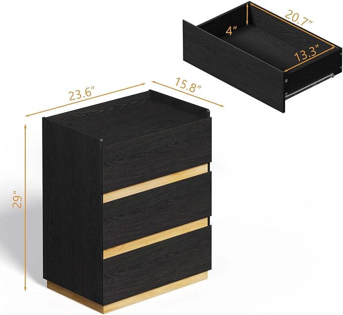 Large Modern Nightstand Black Bedside Table, 3 Drawer Dresser Wood Stackable Storage Drawers for Clothes for Closet, Bedroom, 24"x16"x29" - Image 8