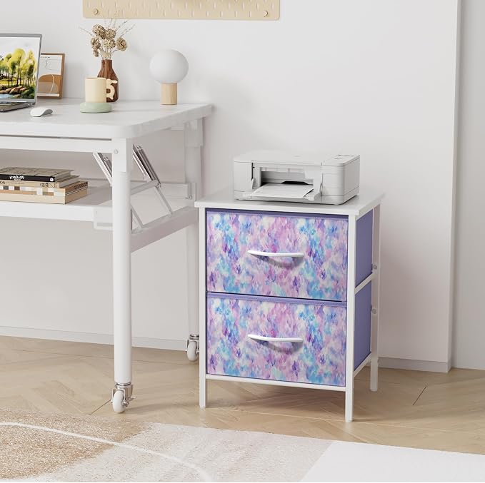Stero Nightstand Set of 2, Kids Dresser with 2 Drawers, Steel Frame Bedside Furniture, Wood Top Fabric Night Stand, Colorful End Table for Home, Bedroom, Office, Tie-dye Purple - Image 6