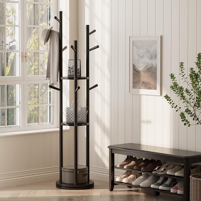 Muwuele Solid Wood Rotary Coat Rack, Freestanding Coat Rack with 3 Shelves and 9 Hooks, Coat tree for Bedroom, Entryway, Livingroom, Coat Hanger Stand for Coats, Scarves, Handbags (Black) - Image 9