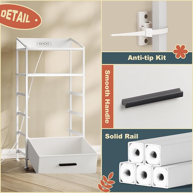 Nightstand 4 Drawer Dresser with LED Lights and Charging Station, Vertical Side Table with Fabric Drawers, End Table with Open Shelf, Tall Dresser for Bedroom, Hallway, Entryway, White - Image 9