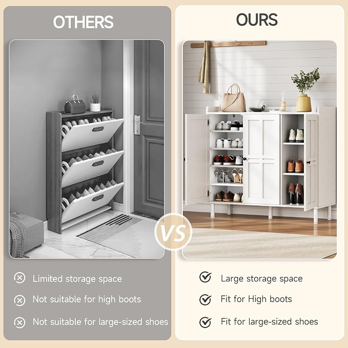 ONBRILL Shoe Cabinet with 3 Doors and Adjustable Shelves, 30 Pairs Shoe Storage Cabinet, 40 Inch Tall Farmhouse Shoe Rack Shoe Organizer Cabinet for Entryway Living Room Closet, White - Image 9
