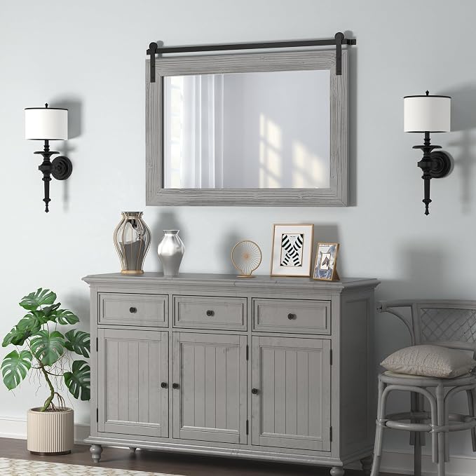 COGOOD Farmhouse Bathroom Mirror - 41" x 30" Rustic Barn Door Mirror for Living Room, Entryway, Bedroom, Vanity Wall Decor (Grey) - Image 9
