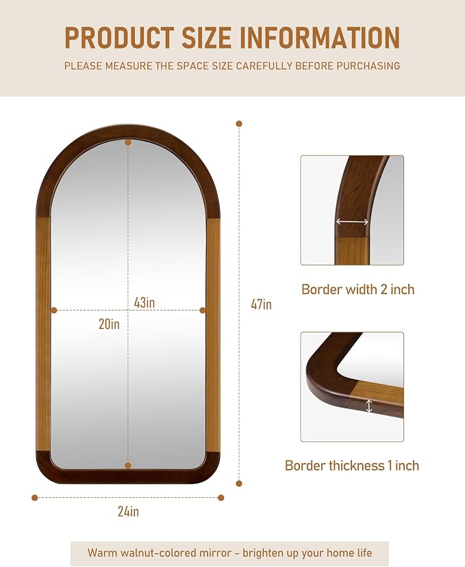 Arched Mirror 24 x 47 Inch,Brown Wood Rustic Bathroom Tempered Wall Mirror with Wood Frame,Round Corner Arch Farmhouse Wooden Vanity Mirror for Living Room,Entryway or Bedroom(Walnut Brown) - Image 8