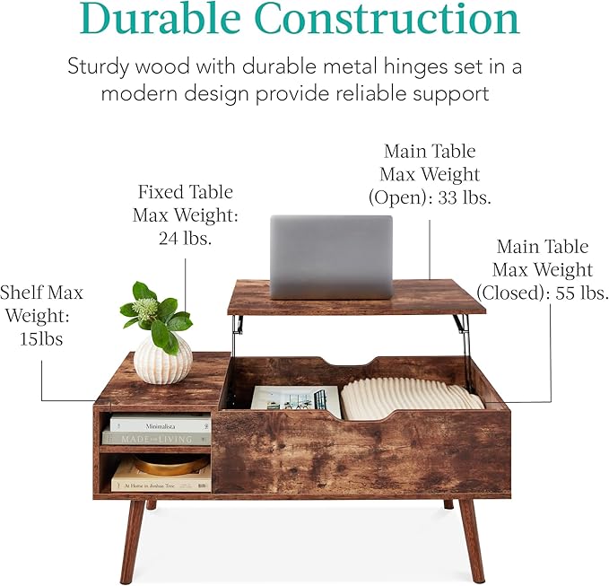 Best Choice Products Lift Top Coffee Table, Wooden Mid-Century Modern Multifunctional Accent Table for Living Room w/Hidden Storage, 2 Cubbies, Removable Shelf - Brown