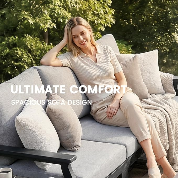 HDPE Patio Conversation Set, 7-Piece All Weather Outdoor Furniture Set with 2 Single Rocking Armchairs for Deck, Lawn, with Cushion, Black