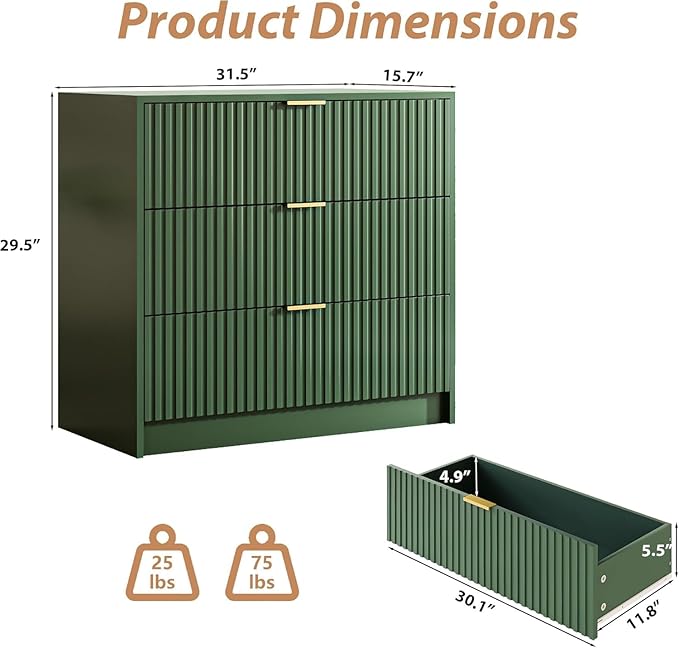 MAISONARIA 3-Piece Dresser Bedroom Set, 6 Drawer Dresser & 3 Drawer Nightstands with Gold Handles, Fluted Wood Chest of Drawers for Bedroom, Living Room, Entryway, Green