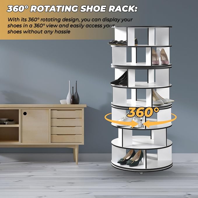 Kings Brand Furniture - 7-Tier Rotating Shoe Rack, 360° Revolving Lazy Susan Spinning Shoe Rack Tower Storage Organizer for Closet Entryway Bedroom Hallway, White - Image 7