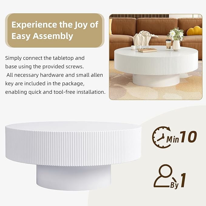 Merax Modern 35.4 Inch Round Large Coffee Table with Sturdy Base, Wood Center Table with 6.8" Thick Tabletop for Living Room Reception Room, Easy Assemble, White