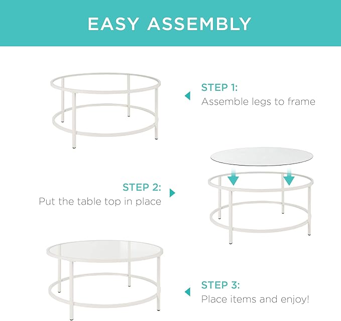 Best Choice Products 36in Modern Round Tempered Glass Accent Side Coffee Table for Living Room, Dining Room, Tea, Home Décor w/Metal Frame, Non-Marring Foot Caps - White