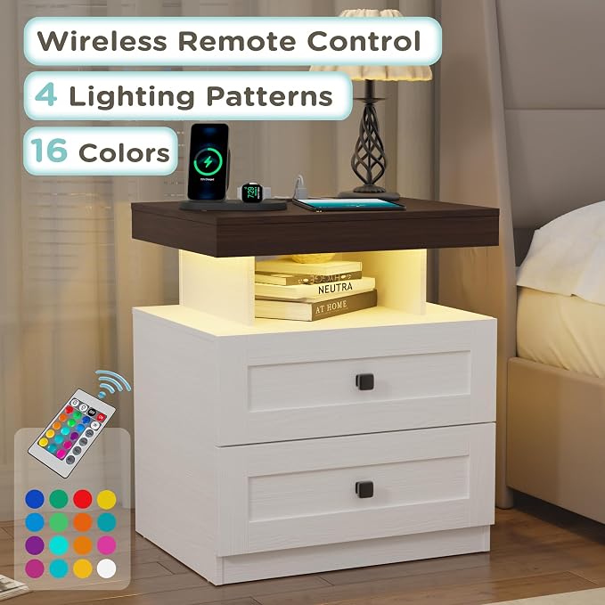 MHOM Farmhouse LED Nightstand with Charging Station, Bedroom Side Table with Drawers, Rustic End Table for Bedroom, Antique White - Image 7