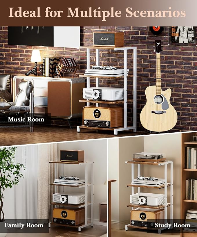 4-Tier Media Storage Stand, Audio Media Rack for Living Room, Gaming Room, Music Studio, Wooden Game Console Shelf for TV Accessories/Audiovisual Equipment/Optical Disc/PS4, White - Image 7