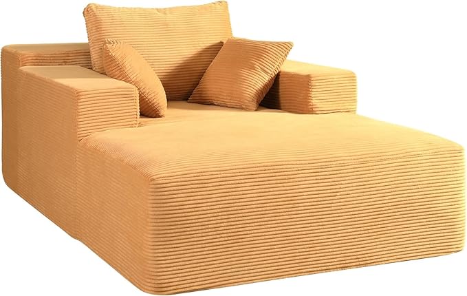 Monroe Convertible Chaise Lounge Chair Indoor – Oversized Corduroy Couch with Wide Armrest & Throw Pillows, Cozy Boneless Sleeper Sofa Bed Armchair, Ginger Yellow
