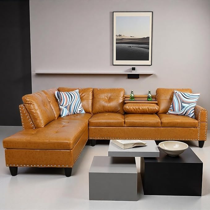 L Shape Sectional Couch with Chaise, 97.5 Inch Modular Sofa with Cup Holders, Sectional Couches for Living Room, Ergonomic Reclined Backrest, for Office and Small Apartment, Ginger