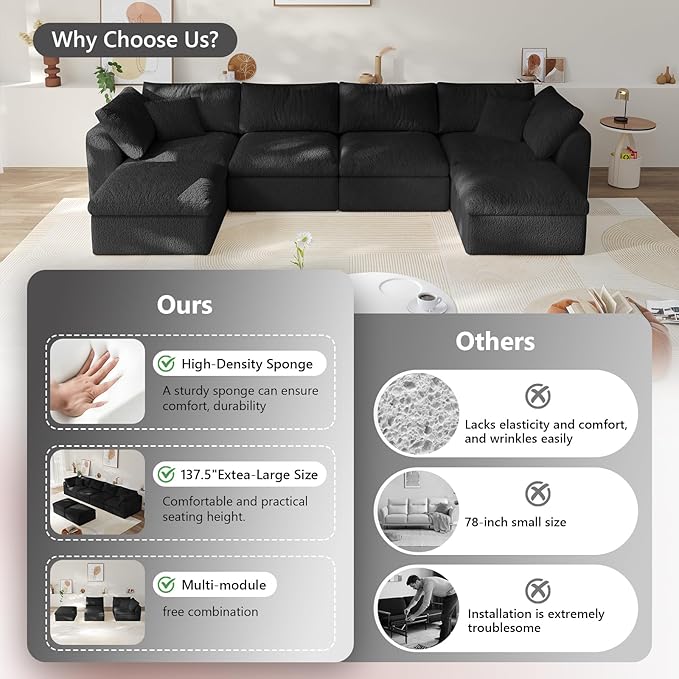 138" Modular Sectional Sofa Boneless Cloud Couch for Living Room, U Shape Deep Seat Recliner Sofa with Ottoman, Adjustable Backrest & 2 Throw Pillows - Covers Washable, (Black, 4 Seater+2 Ottoman)