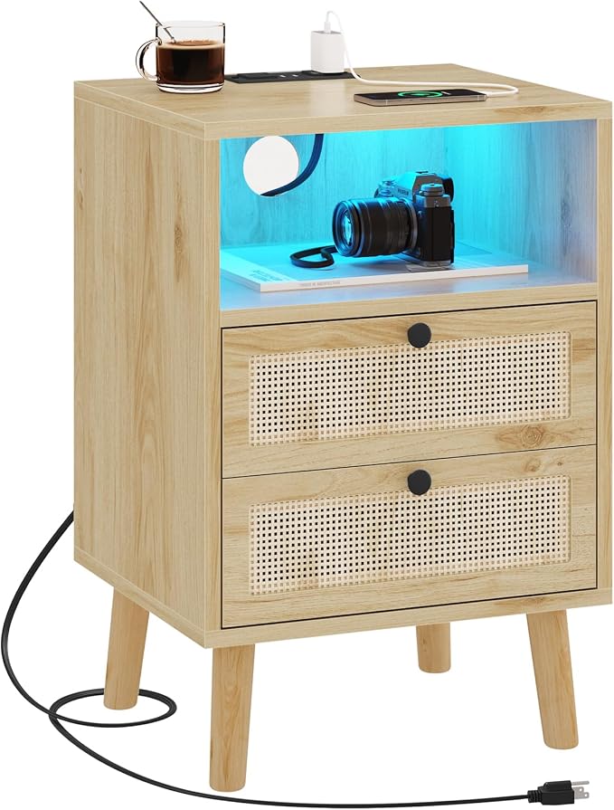 AOGLLATI Rattan Nightstand with Charging Station, LED Night Stand for Bedroom, Wood End Table with USB Ports, Boho Bedside Table with 2 Drawers, Natural - Image 8