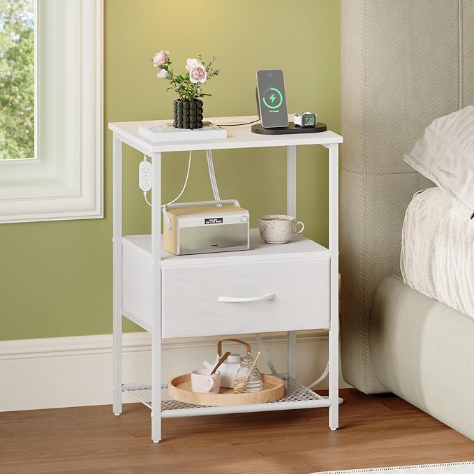 Somdot Nightstand with Charging Station and LED Light for Bedroom, Bedside Table End Table for Dorm Guest Room Bedside Kids Laundry Closet Entryway Hallway, White Leather - Image 8