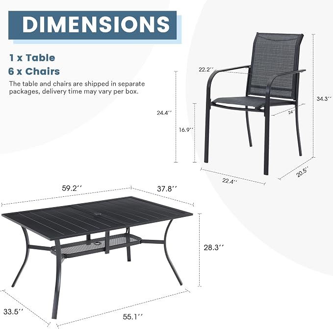 DIFY 7 Pieces Patio Dining Set for 6, Patio Furniture Includes Grey Stackable Sling Outdoor Chairs and 59.2" Rectangle Metal Black Table - Image 7