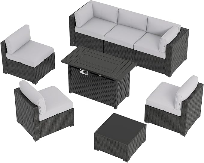 Aoxun 8 Piece Patio Furniture Set with 44” Fire Pit Table, Wicker Rattan Patio Sectional Sofa, Outdoor Furniture Set with Thickened Cushion, Light Gray