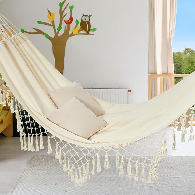 JoyView Boho Macrame Single Hammock with Hanging Ropes & Elegant Tassels 78.8x39.4 Portable Cotton Hammock for Patio Backyard Porch 300LBS Weight Capacity Perfect for Outdoor/Indoor - Beige Color - Image 6