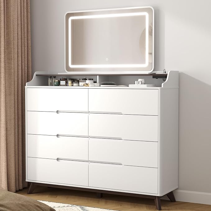 Dresser for Bedroom with 8 Drawers, 55" Large Dresser & Chest of Drawers with Charging Station, Wood Closet Clothes Storage Tall Dressers Organizer for Bedroom Living Room Hallway (White) - Image 8