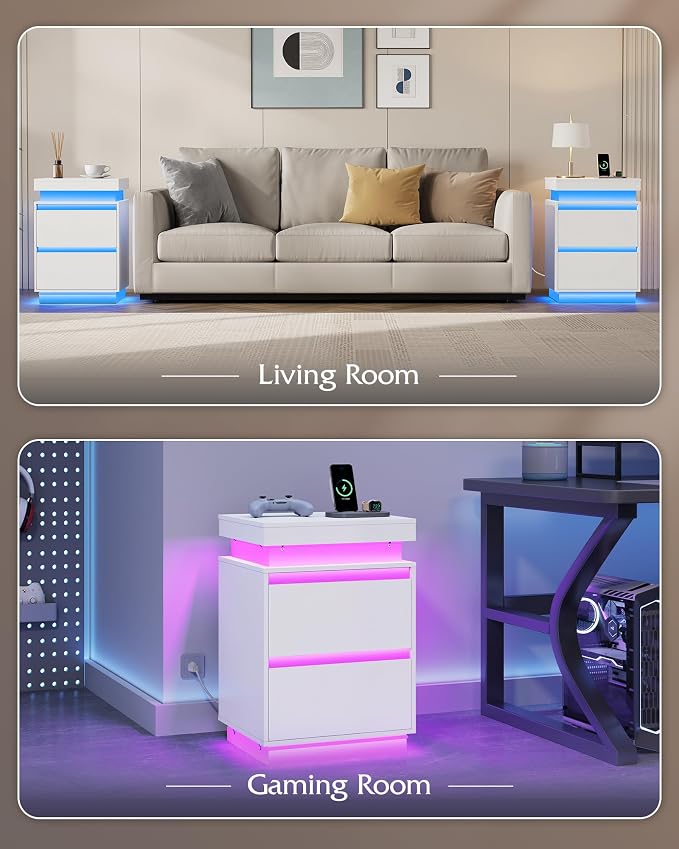 WLIVE White Nightstand with Charging Station and LED Lights, Bedside Table with 2 Wooden Drawers and Sliding Top, Modern End Table Side Table for Bedroom, Living Room, Office - Image 8