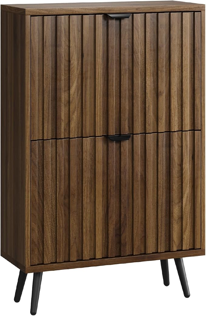 Smuxee Shoe Cabinet with 2 Flip Drawers, 23.6" Walnut Hidden Shoe Storage Cabinet with Fluted Design, Freestanding Shoe Organizer Cabinet for Entryway, Hallway, Closet, Living Room - Image 9