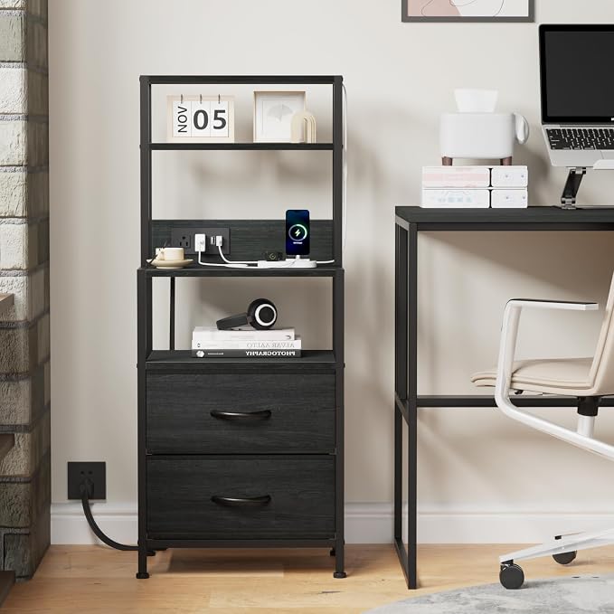 Furnulem Night Stand, Tall Nightstand with 4-Tier Shelves, 2 Fabric Drawers and Led Lights, Bed Side Tables with Charging Station, Bedside Table for Bedroom, Office, Black Oak | 4-Tier Shelves, 2 Fabric Drawers, Light Tube, Bed Side Tables, Charging St... - Image 8