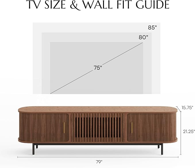 POVISON Fully-Assembled Mid Century Modern TV Stand for 75 inch TV, Sliding Door Entertainment Center with Storage, Wood TV Console, Media Console for Living Room Bedroom(Walnut, 78.74") - Image 8