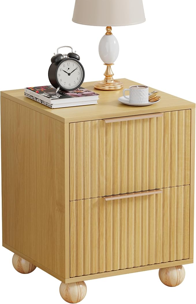 Fluted Nightstand - Modern Boho Oak Wood nightstand with Storage Drawer, Mid Century Bedside Table with Solid Wood Legs for Bedroom and Small Spaces - Image 8