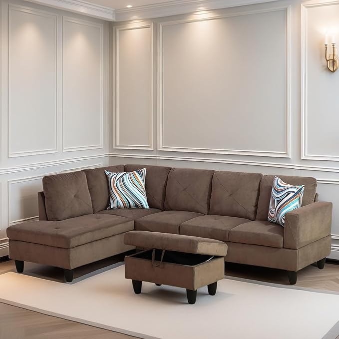 FONTOI L Shaped Sectional Couch Sofa, Modern Couches for Living Room, Comfy 4 Seat Modular Sectional Sofa with Ottoman Storage for Bedroom Apartment, Brown