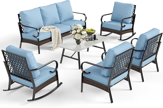 6 Piece Metal Outdoor Patio Furniture Set, 1 3-Seater & 2 Fixed Sofa, 2 Rocking Sofa with 5.75" Thick Cushion & Coffee Table - Black & Blue