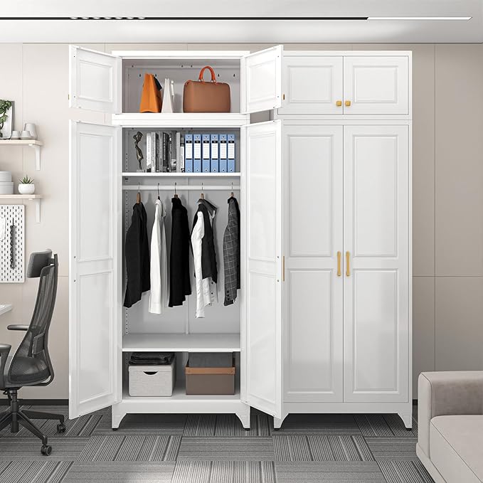 SteeLoong 86" Metal Armoire Wardrobe Closet with Doors,White Tall Clothing Storage Cabinet with Adjustable Shelves and Hanging Rod,Wardrobe Closet for Bedroom,Home,Office,Gym