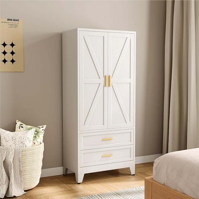 Metal Wardrobe Cabinet, 71" Tall Armoire Wardrobe Closet with 2 Drawers, Hanging Rod and Adjustable Shelf, Farmhouse Clothing Storage Cabinet for Bedroom, Laundry