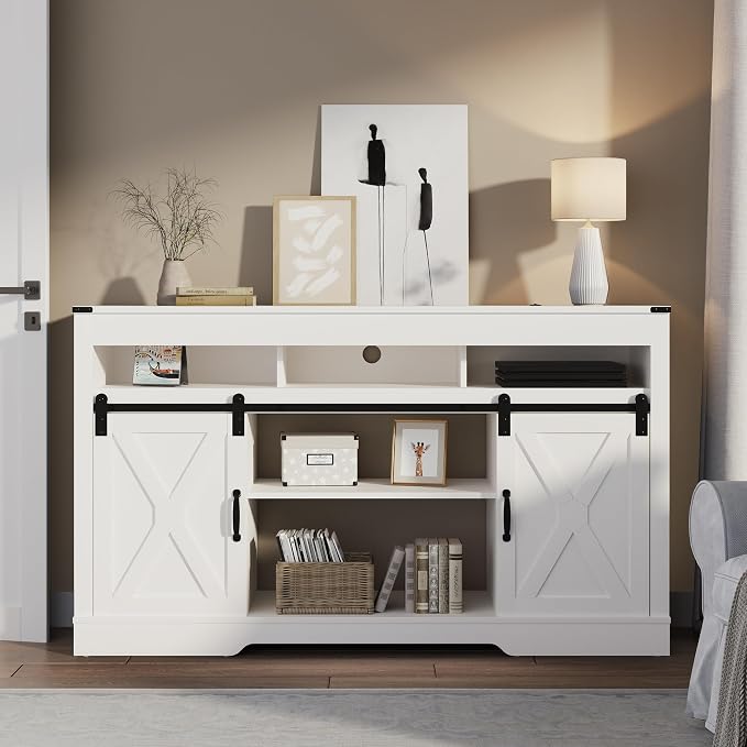 RoyalCraft Farmhouse TV Stand for 23" Fireplace, 34'' Tall Entertainment Center for 65+ Inch TV, 34" Tall Rustic TV Console with Sliding Bar Door for Living Room, White - Image 7