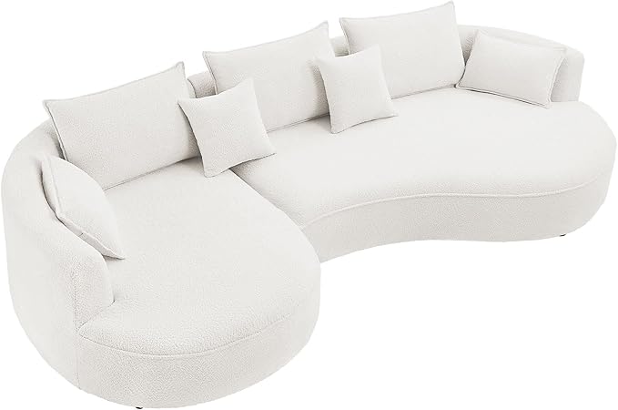 KEIKI 129" Luxury Curved Boucle Sectional Sofa with Left Chaise, Upholstered Modern Style Oversized 5-Seater Couch with Thickened Seat Cushions, Easy Assembly, for Apartment, Living Room, White