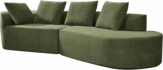 Merax 116" Curved Polyester Sectional Sofa, Modern Pearl Upholstery 3 Seat Cloud Couch with Chaise Lounge & 4 Pillows for Living Room, Green