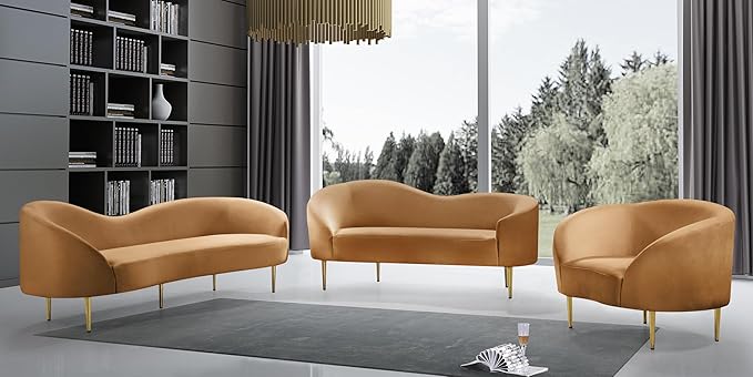 Meridian Furniture 659Saddle-L Ritz Collection Modern | Contemporary Upholstered Loveseat with Rich Saddle Velvet, Gold Metal Legs, Curved Contemporary Design, 67" W x 31.75" D x 30.5" H, Saddle