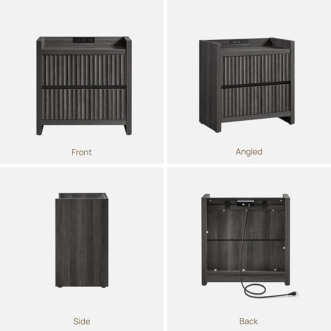 SICOTAS Night Stand Set of 2-Fluted Nightstands with Charger Station-Large Nightstand Bedside Table End Table with 2 Drawers, 25" Wide Mid Century Modern Night Stands for Bedroom-Black Oak - Image 9