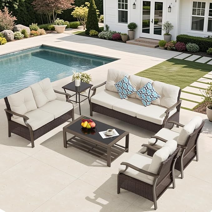 Outdoor Patio Furniture Set, 6 Pieces Outdoor Conversation Sets with Coffee Table & Side Table, Wicker Rattan Outdoor Sectional Sofa Set for Backyard, Deck, Porch, Poolside, Beige