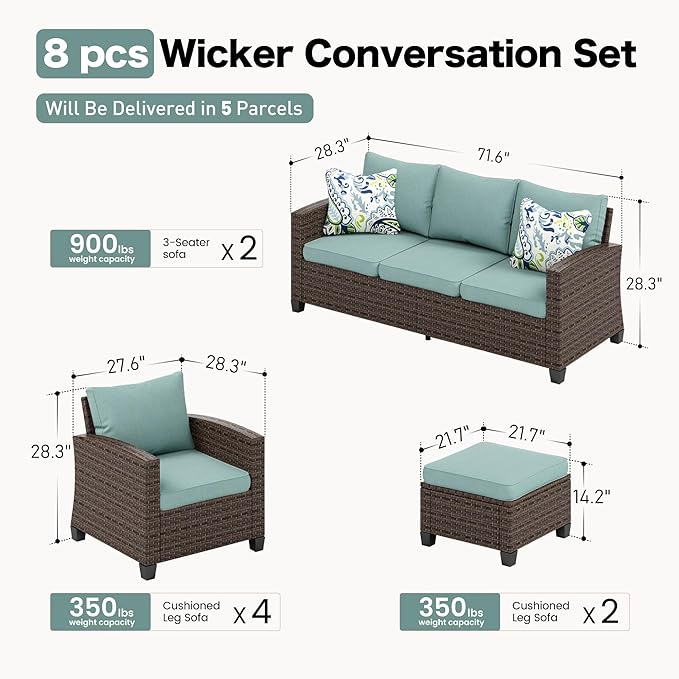 Patio Furniture Set Outdoor Furniture Brown Wicker Rattan Patio Conversation Sets with Cushion Outside Sofa Set,8 Pieces 12 Seats,Blue