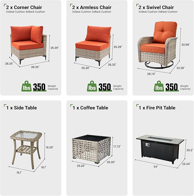 9 Pcs Patio Furniture with Fire Pit Table, Outdoor Rattan Wicker Conversation Set with Glowing Coffee Table, Comfy Sectional Sofa for Porch Balcony Backyard Pool, Orange