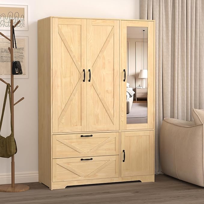 3 Door Wardrobe Closet with Mirror, Bedroom Armoire Wardrobe Closet with Lights, 2 Drawers, Hanging Rod and Cabinet, Large Clothes Storage Organizer, 47.2 x 19.68 x 71.65 in,Natural