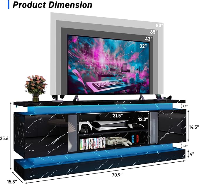 chartustriable 71IN LED TV Stands w/Power Outlet for 85/80/75 Inch TVs,High Gloss Modern Tall Entertainment Center TV Media Console Gaming w/2 Storage Cabinets,Dual LED Lights,Black Marble - Image 6