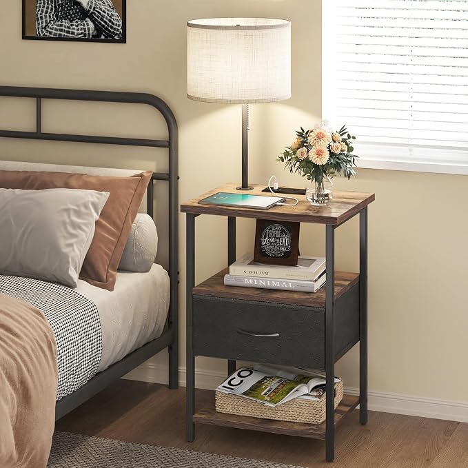Fixwal Nightstand with Lights Bedside Table with 3 Color Temperatures Bulb, Night Stand with Charging Station End Table with Adjustable Fabric Drawer for Bedroom Dorm - Image 8