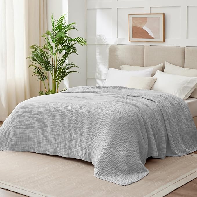 100% Cotton Muslin Blanket Twin 66" x 90", Breathable and Lightweight Cotton Twin Blankets for Couch, Soft Cooling Summer Gauze Blanket for Adults All Season, Light Grey