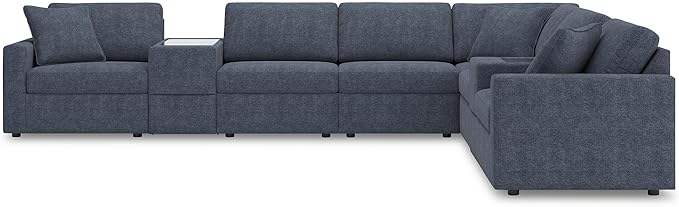 Signature Design by Ashley Modmax Contemporary Stain Resistant Right-Arm Facing 8-Piece Sectional with Storage Consoles, Armrest, Throw Pillows and Reversible Cushions, Blue