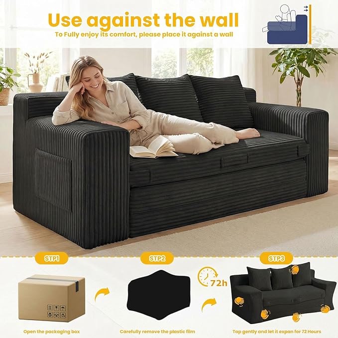 Boneless Couch Sleeper Sofa Bed: 3-in-1 Convertible Sofa Bed with Side Pockets & Handle,Pull Out Couch with 3 Pillows,Folding Futon for Small Space,Living Room & Bedroom