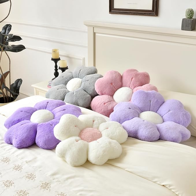 Flower Pillow, Flower Shaped Pillow Decorative Throw Pillows for Bed Couch, Cute Daisy Pillow Dorm Decor Floor Seating Cushion (Grey Pink, 19.6 Inches)